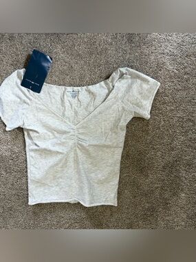 Brandy Melville Light Gray Short Sleeve V-Neck Ruched Women's Top